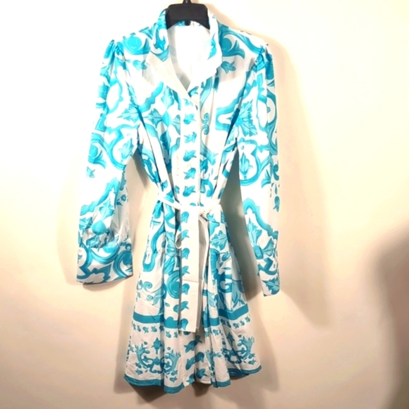 LUNE Allover Print Shirt Dress Size Large | Belted Tie Waist Midi | Day to Night - Picture 2 of 15